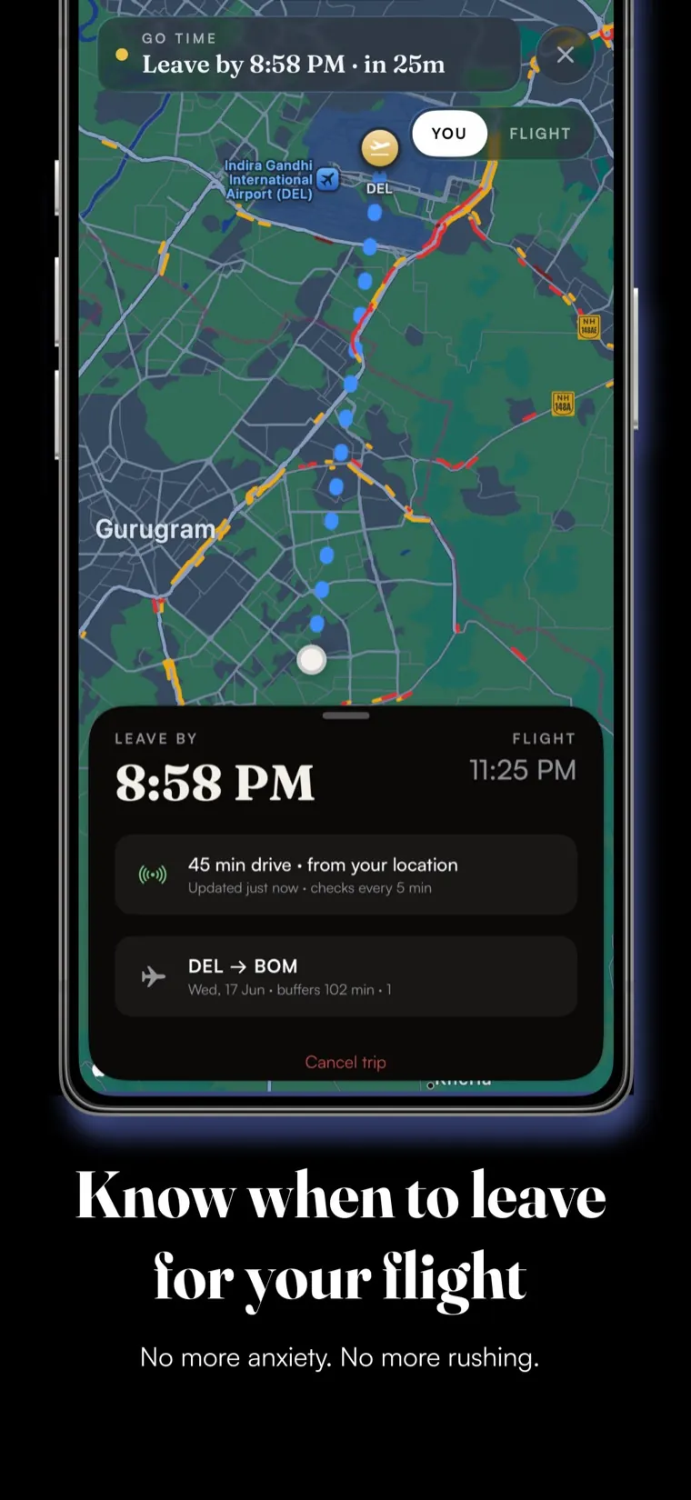 TiToLeave's live map showing the route to the airport, with a Leave-By time of 8:58 PM and the caption: Know when to leave for your flight.