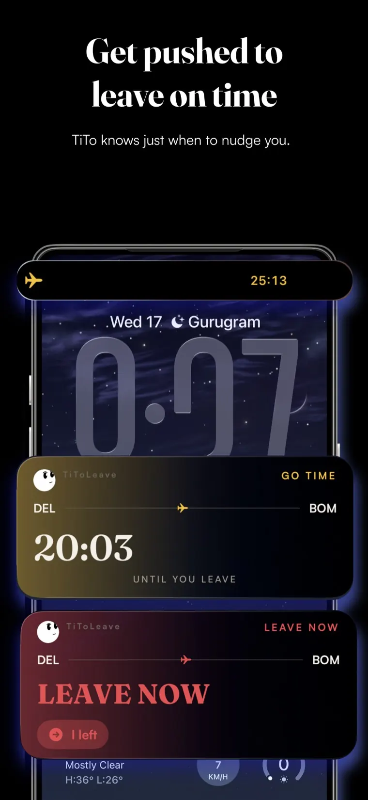 A locked iPhone showing the TiToLeave Live Activity counting down. GO TIME, 20:03 until you leave, then a LEAVE NOW alert with an I left button.