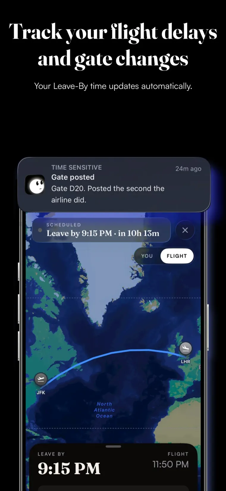 A push notification reading Gate posted, Gate D20, posted the second the airline did, over a transatlantic flight map from JFK to LHR.