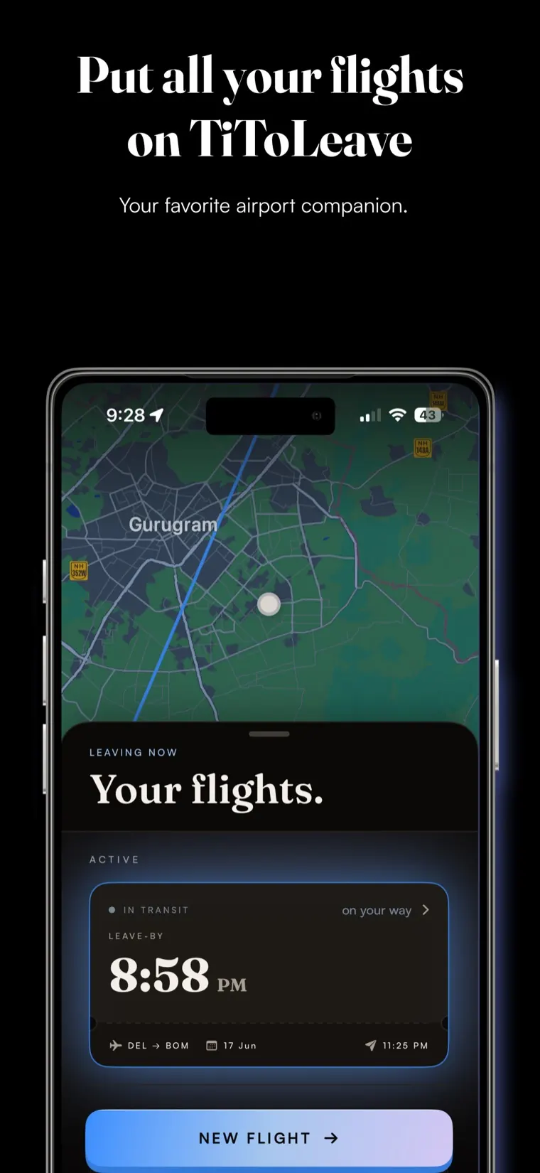 The TiToLeave hub listing your flights, with an active trip showing a Leave-By of 8:58 PM and a New Flight button.