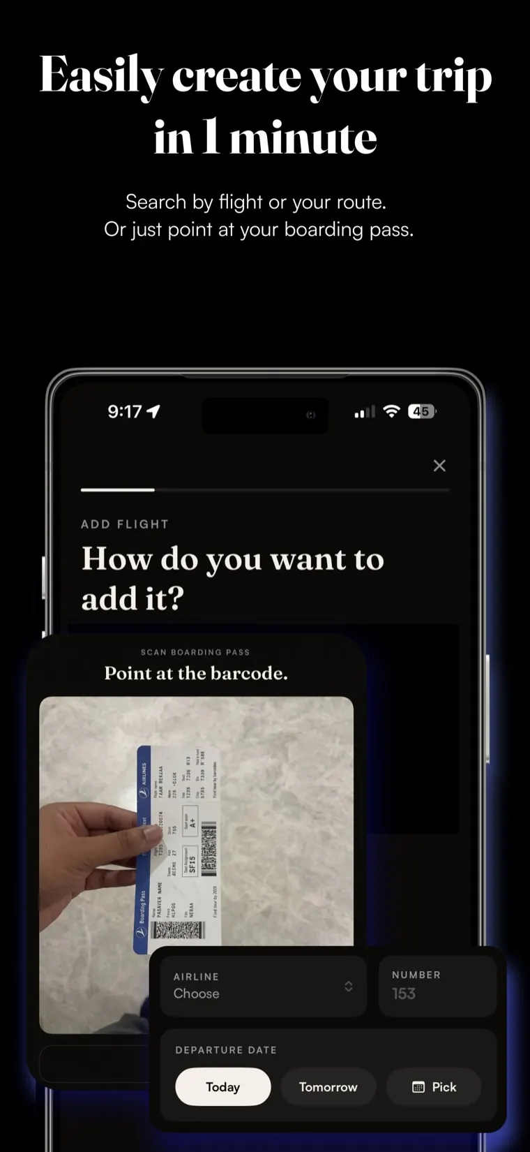 Creating a trip in TiToLeave by scanning a boarding pass, with airline, flight number, and departure date filling in.